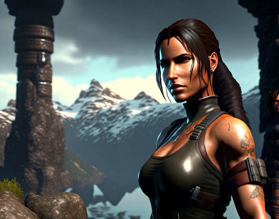 3D-rendered image: Woman in tactical gear, long hair, mountain backdrop