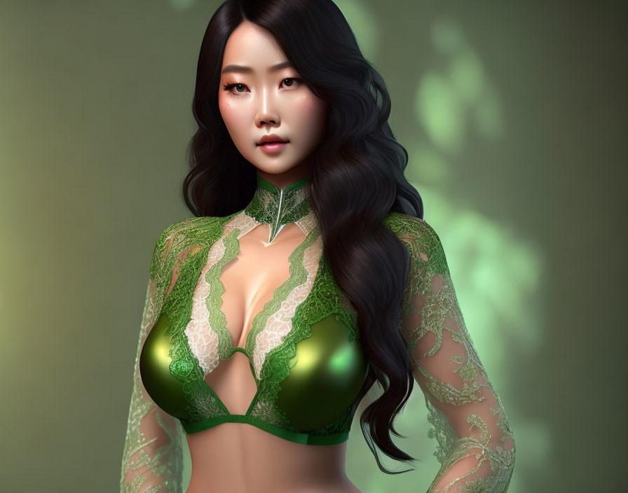 Asian Woman in Green Lace Outfit with Wavy Hair Portrait