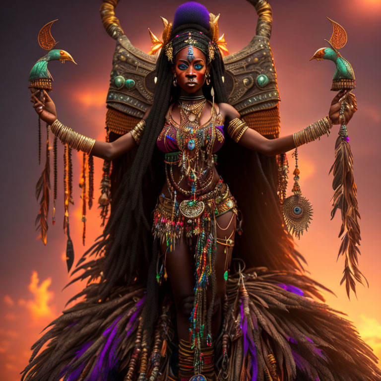 Elaborate tribal-inspired attire on woman against fiery sky backdrop