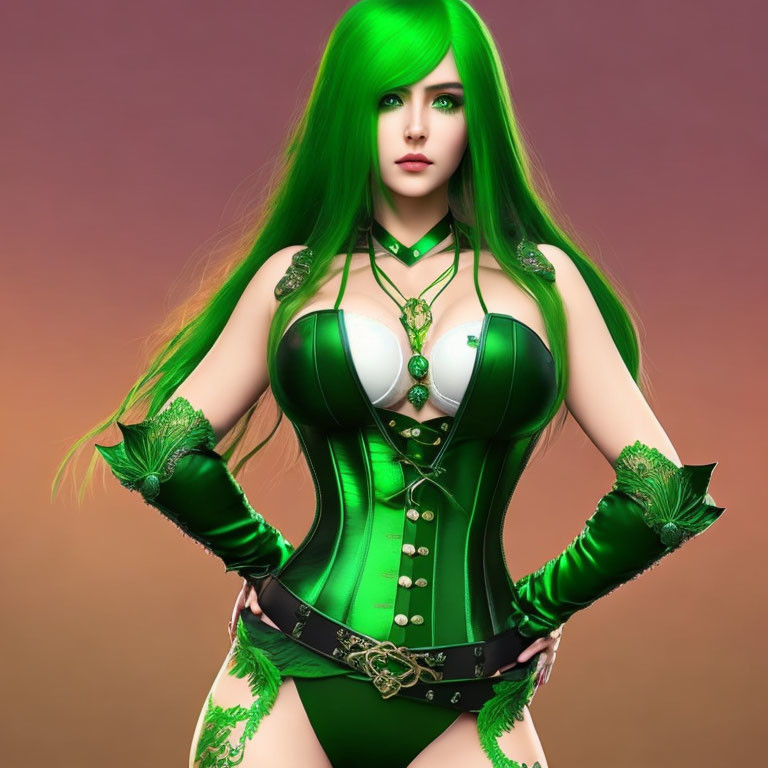 Vibrant 3D female character with green hair, corset, and gloves