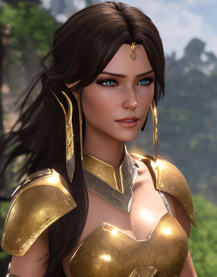 Female fantasy character: 3D illustration with blue eyes, brown hair, golden armor