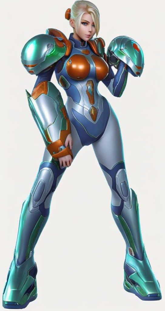 Futuristic character in blue and green armor with high-tech elements