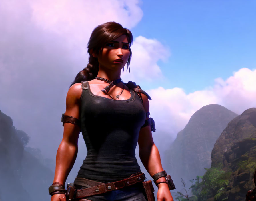 Confident animated female character with braid, tank top, and gloves against mountain backdrop