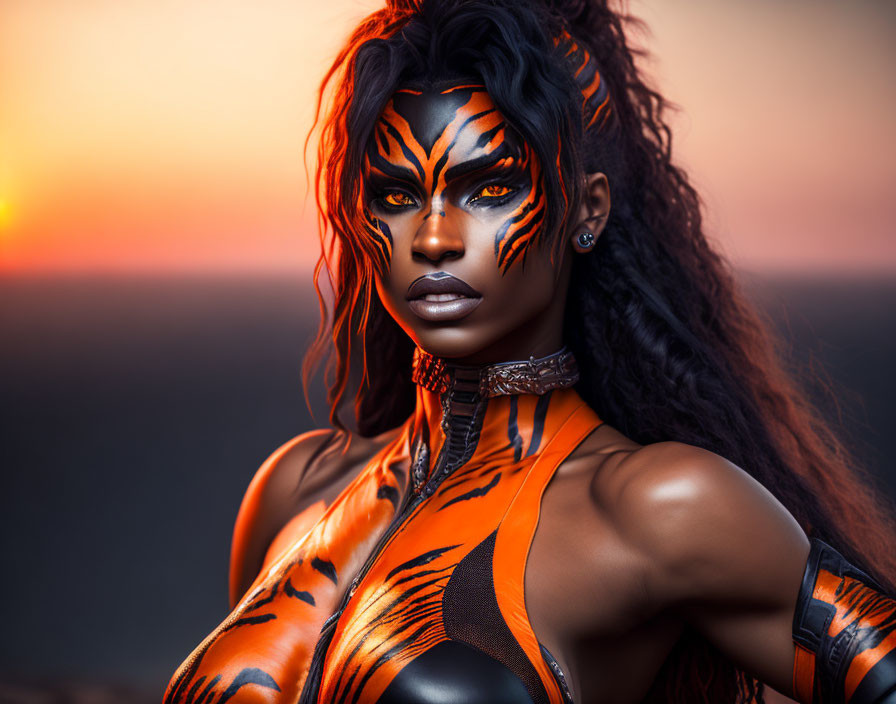 Woman in tiger-stripe face paint and attire at sunset