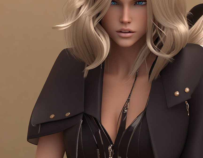 Blonde Woman in 3D Render with Blue Eyes and Dark Jacket