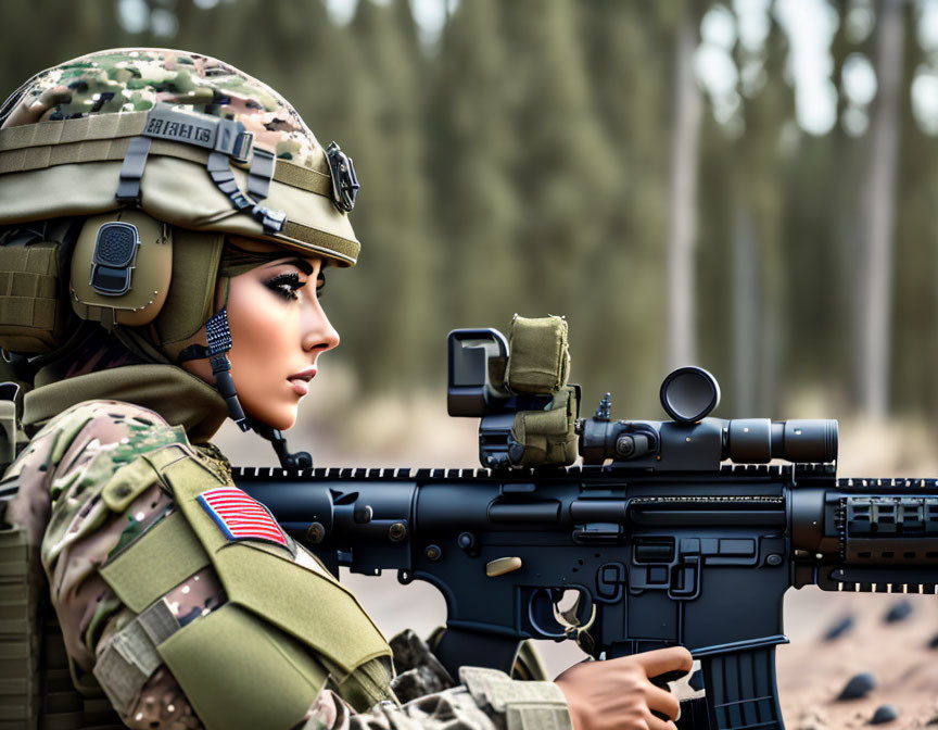 Military individual in gear aiming rifle in woodland.