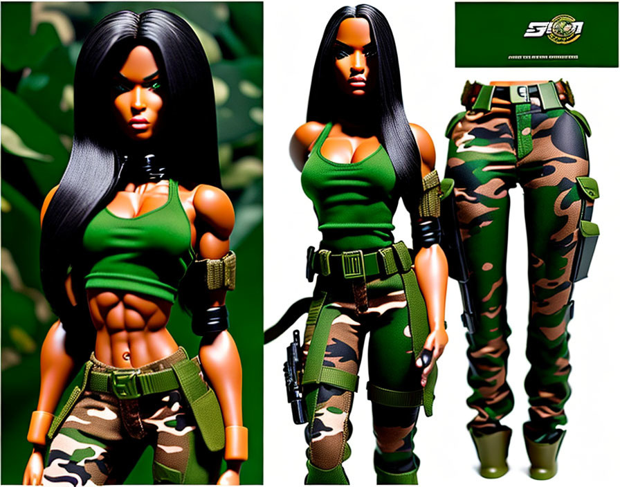 Camouflaged action figure in green military attire with black hair