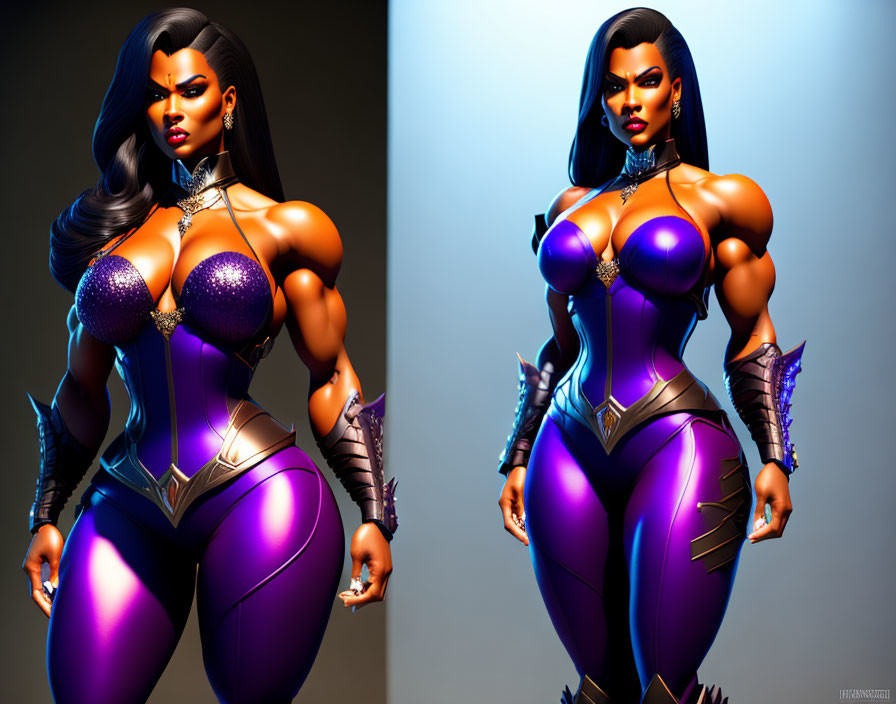 Female superhero illustration in purple and black bodysuit with glowing accents