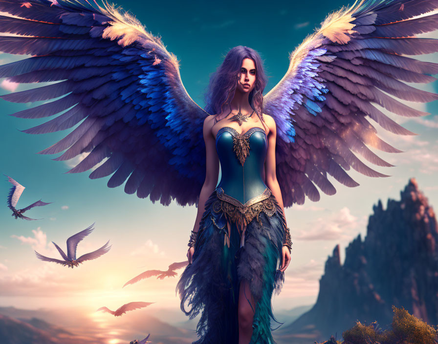 Majestic winged woman with blue and gold feathers in fantasy landscape