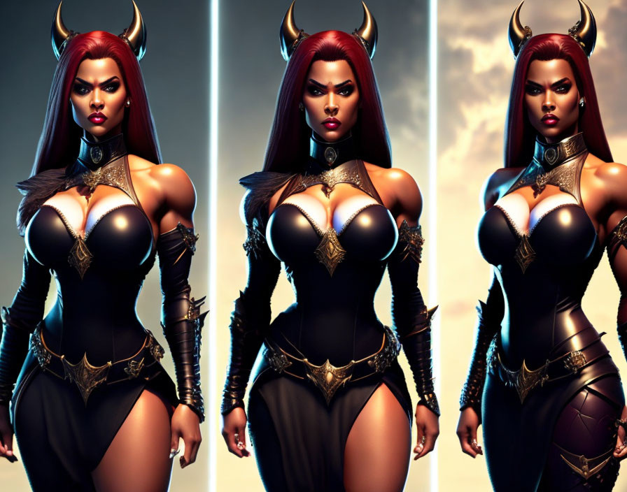 Female fantasy character poses in red hair, horned armor on light background