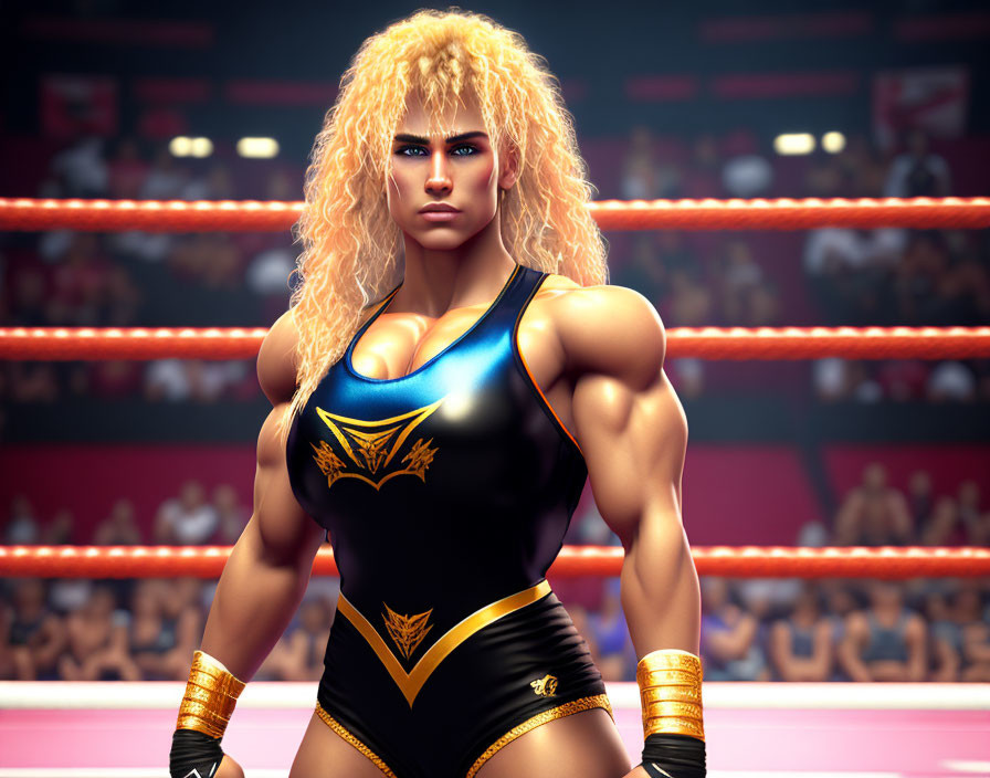 Muscular female wrestler in black and gold outfit confidently stands in ring