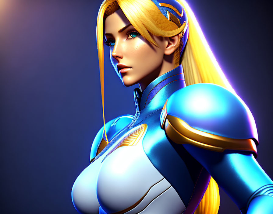 Golden-haired female character in blue futuristic armor in a heroic pose