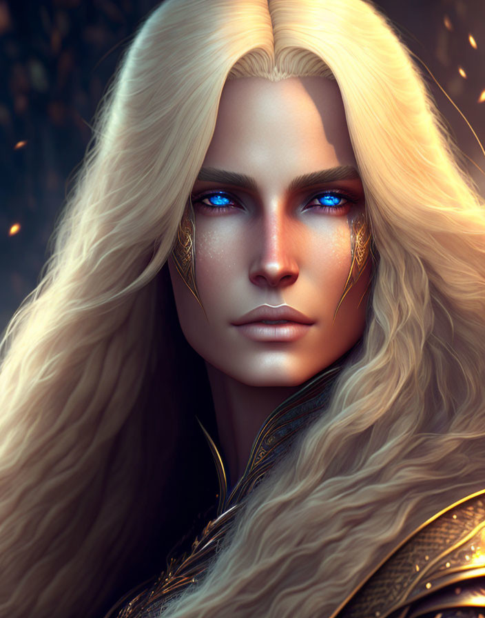 Character with Long Blond Hair, Blue Eyes, & Golden Face Tattoos