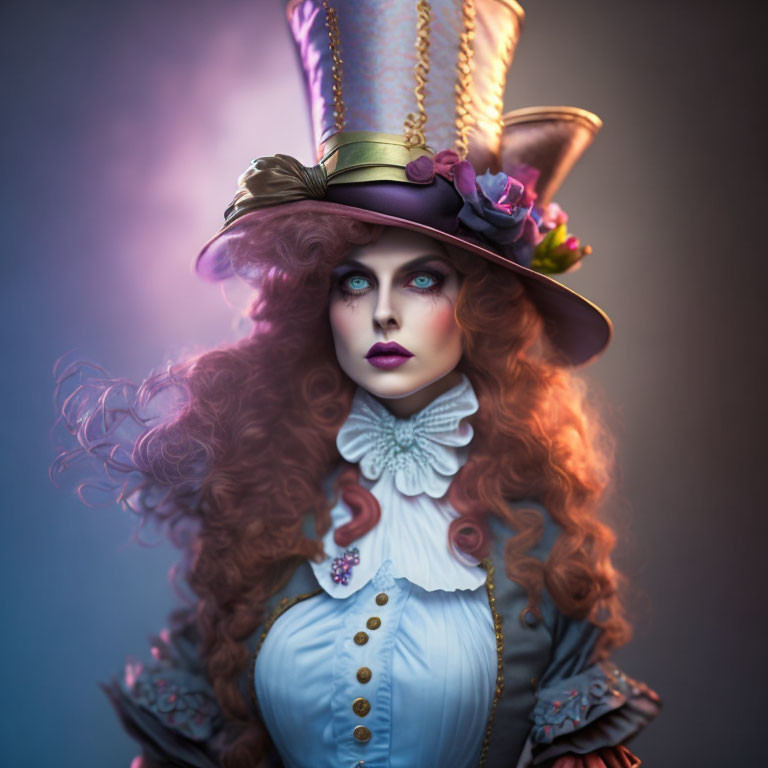 Voluminous Curly Red Hair with Dramatic Makeup and Vintage Flower Hat Portrait