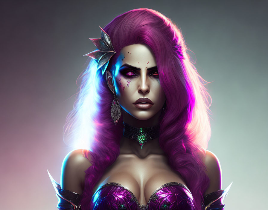 Futuristic digital portrait of female with purple hair and neon accents