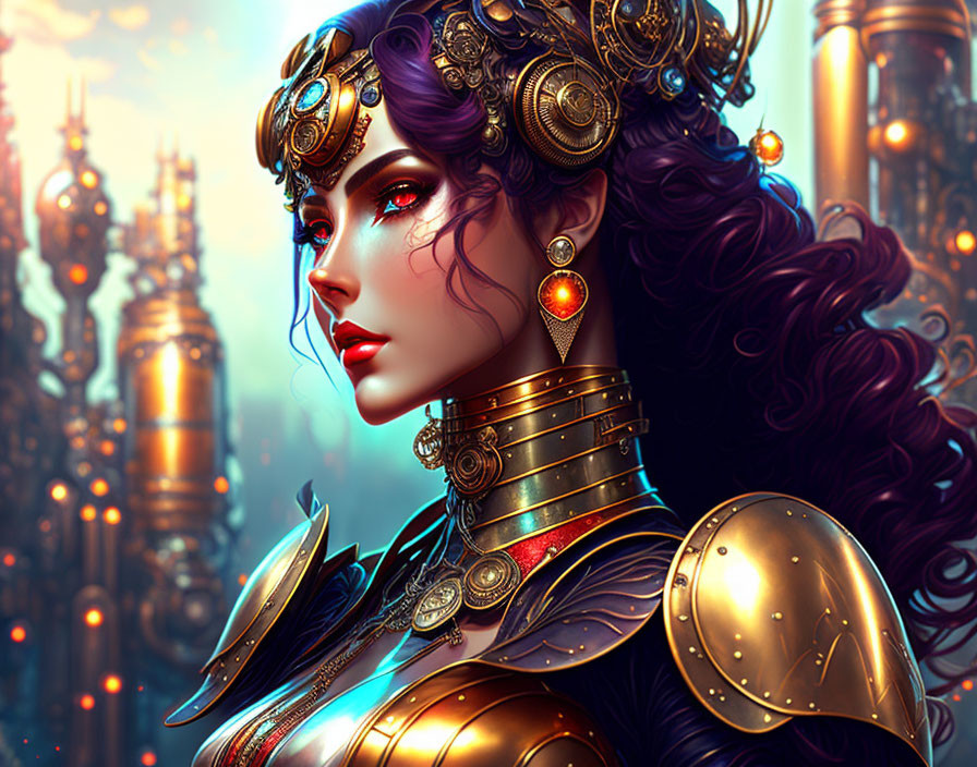 Detailed illustration of woman with purple hair in steampunk armor against futuristic cityscape