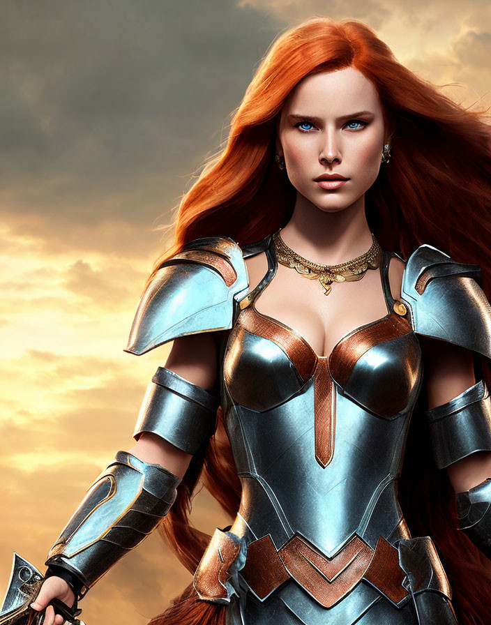 Red-Haired Animated Warrior Woman in Silver and Blue Armor at Sunset