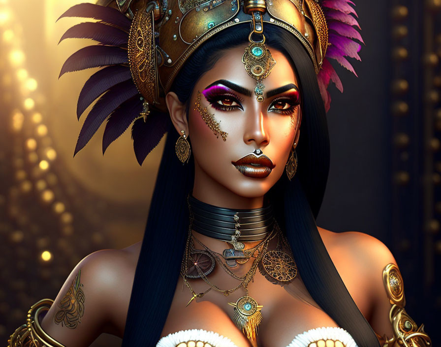 Digital artwork featuring woman with golden jewelry, feathered headdress & striking makeup