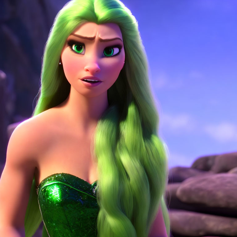 Green-haired animated character in green dress, with green eyes, looking concerned