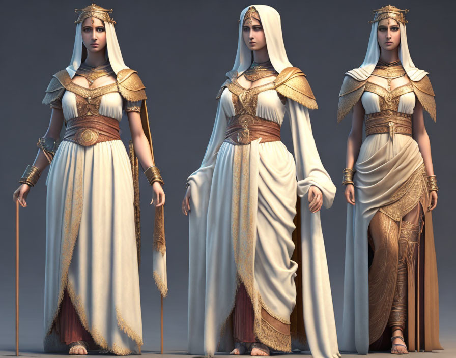 Female animated character in white and gold Greek-style robe with staff in three poses