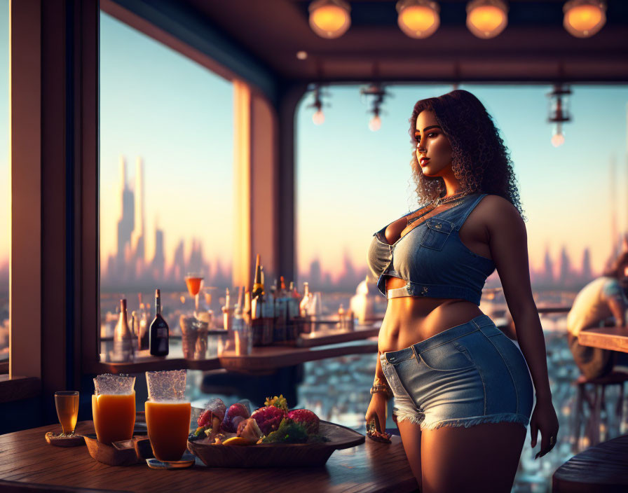 Stylized image of woman in denim outfit at bar with drinks and city skyline view at sunset