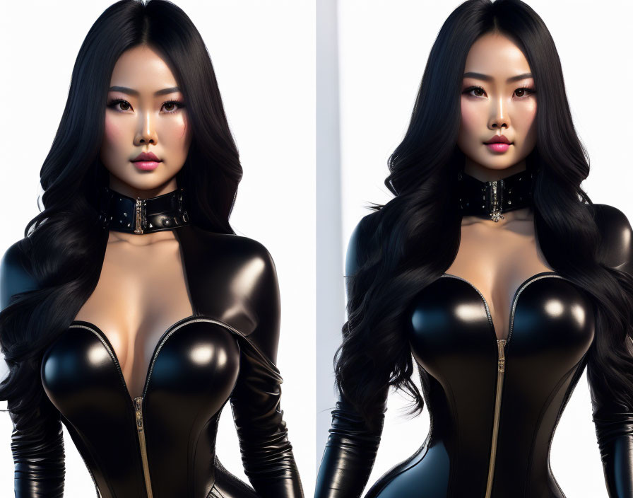 Woman in glossy black bodysuit with long black hair artwork