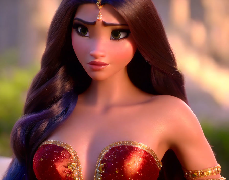 Long Wavy Hair, Expressive Eyes, Bejeweled Outfit: Animated Character Description