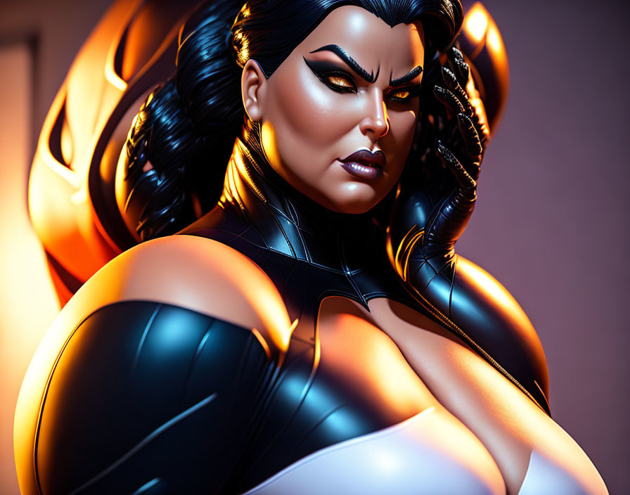 Digital artwork: Fictional female character with voluminous black hair and tight black suit, featuring exaggerated curves