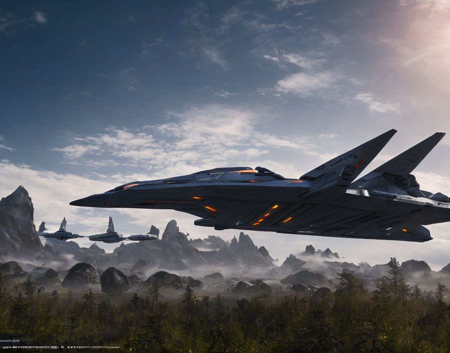 Futuristic fighter jets in formation over misty mountains