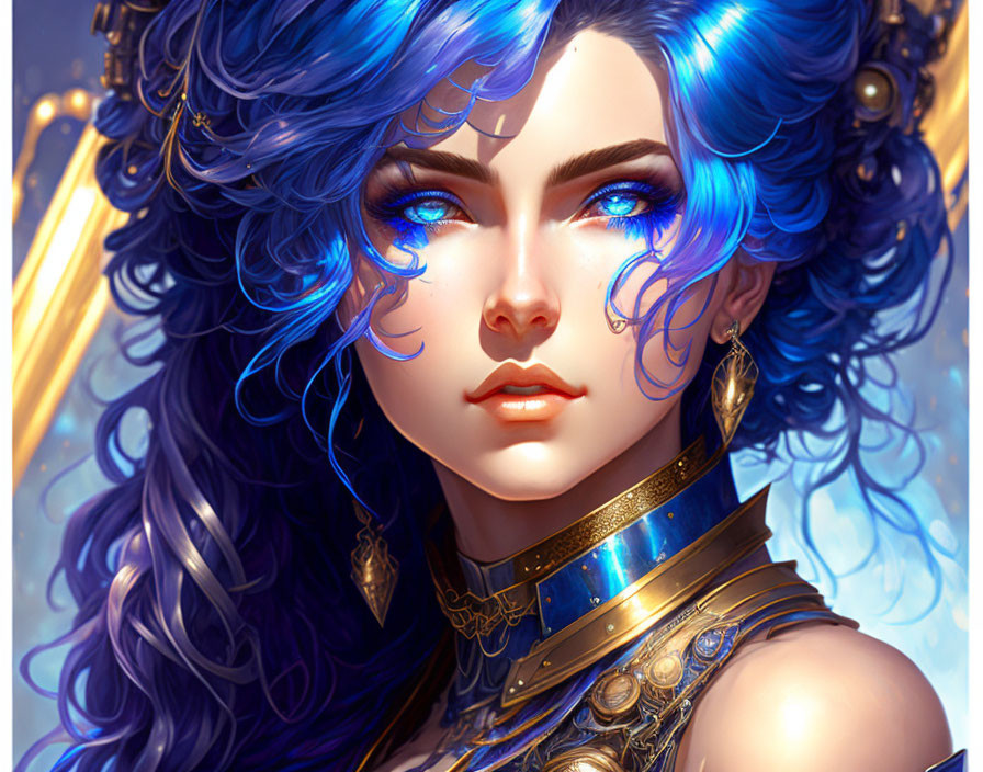 Digital Artwork: Woman with Vibrant Blue Hair and Golden Armor