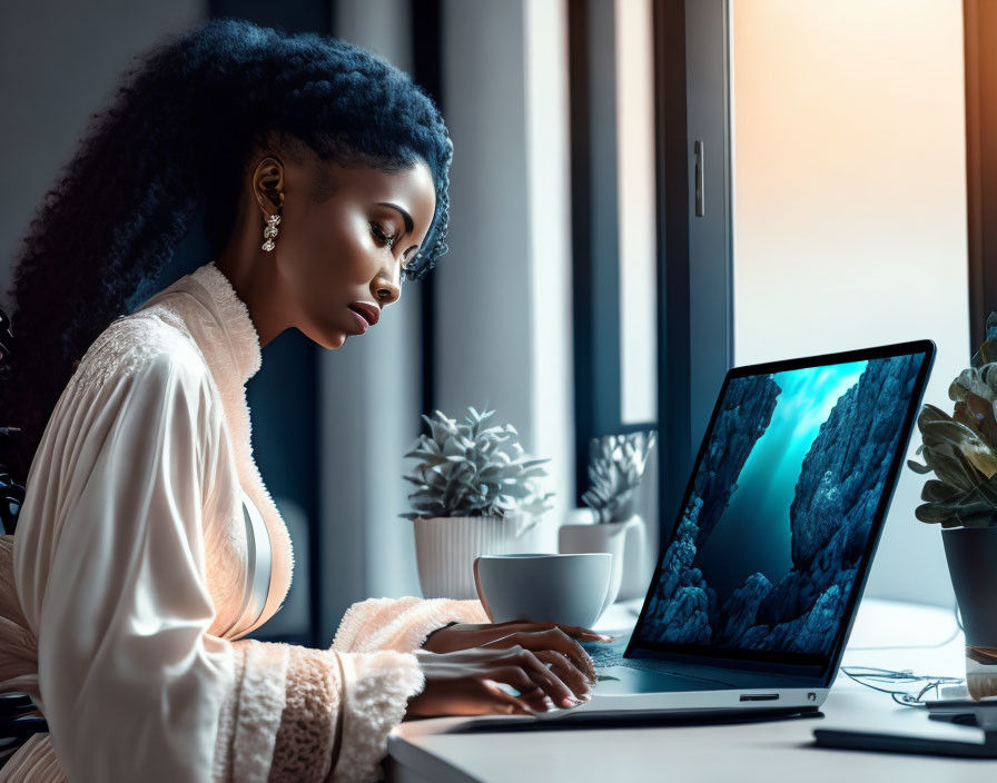 Woman working on laptop at desk with coffee and plant by window