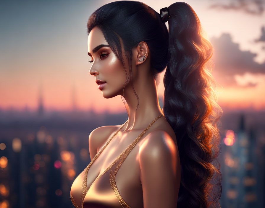 Digital art portrait of woman with long wavy ponytail and city skyline at sunset.