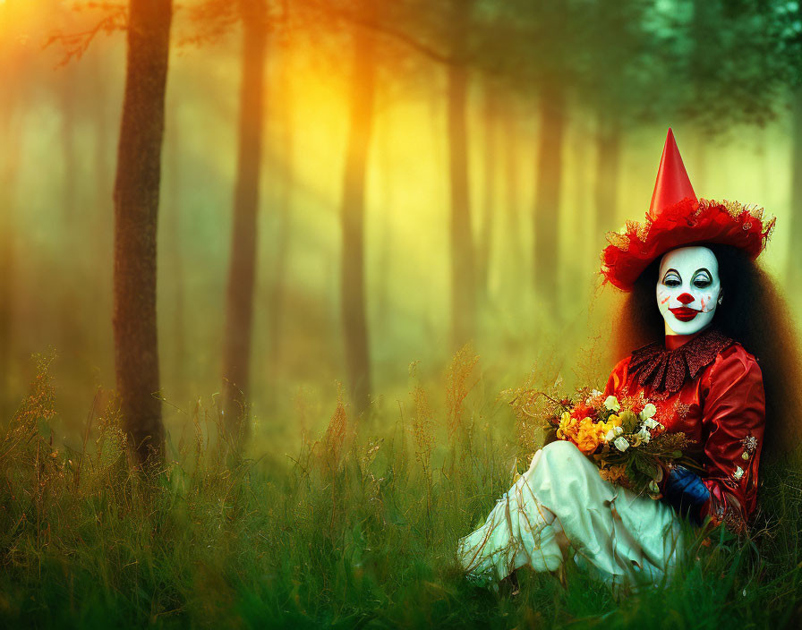 Clown in colorful attire sitting in misty forest with flowers