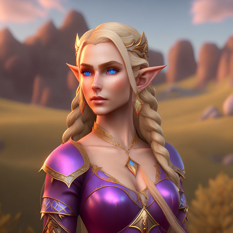 Blonde Braided Hair Female Elf in Purple Armor against Mountain Sunset