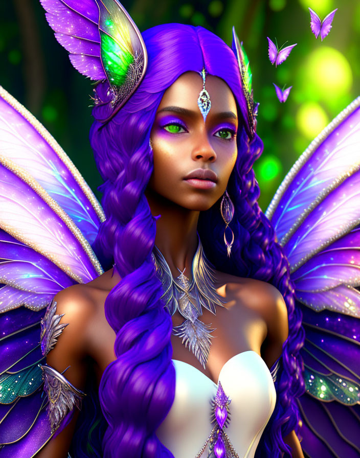 Colorful Fairy Illustration with Purple Hair and Iridescent Wings