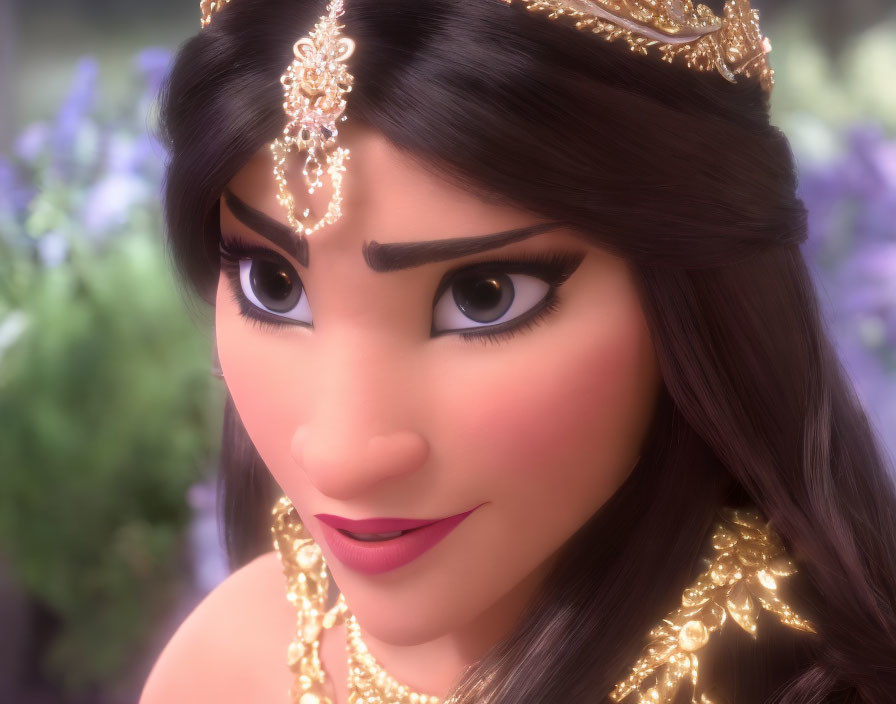 Dark-Haired Animated Princess with Gold Tiara and Jewelry