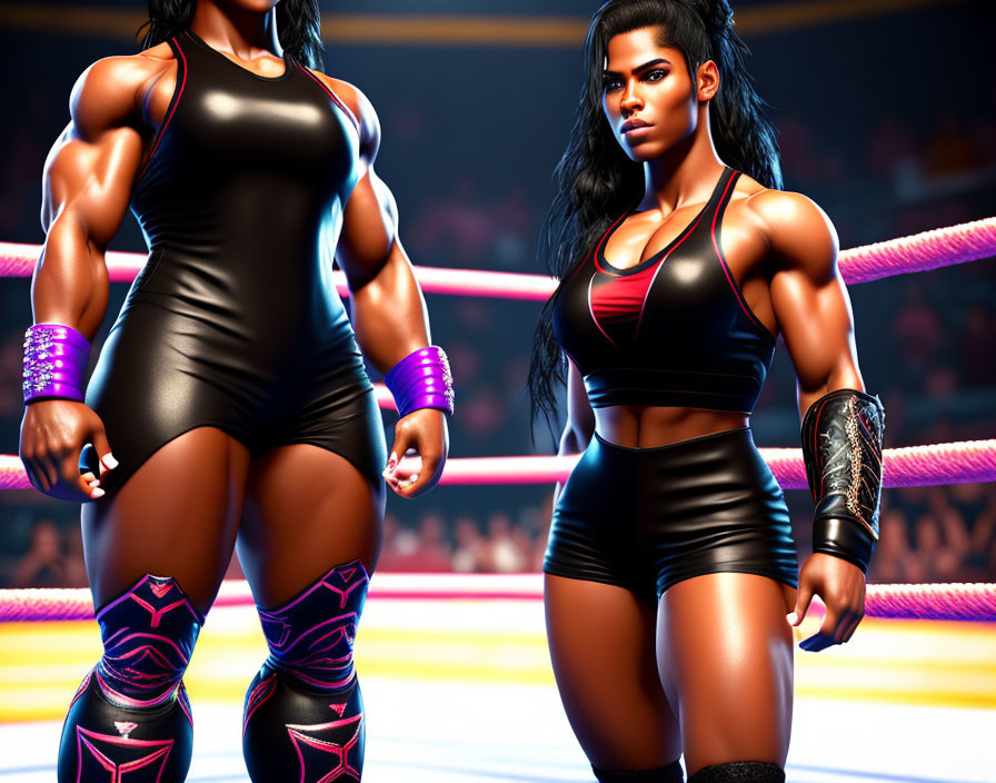 Muscular female wrestlers in black attire with pink and purple accents