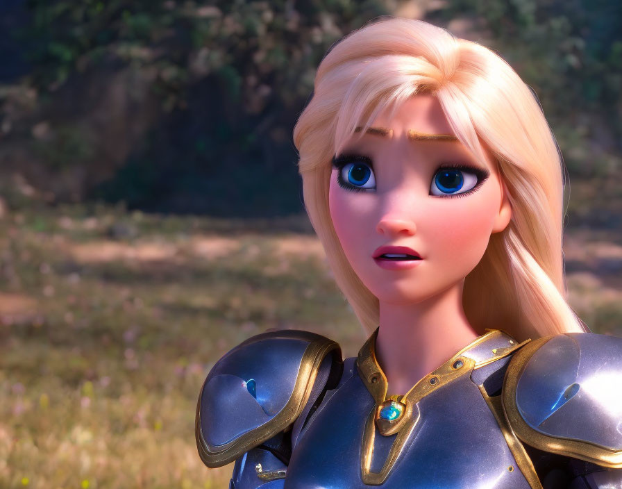 Blonde Female 3D Character in Armor with Blue Eyes in Forest Setting