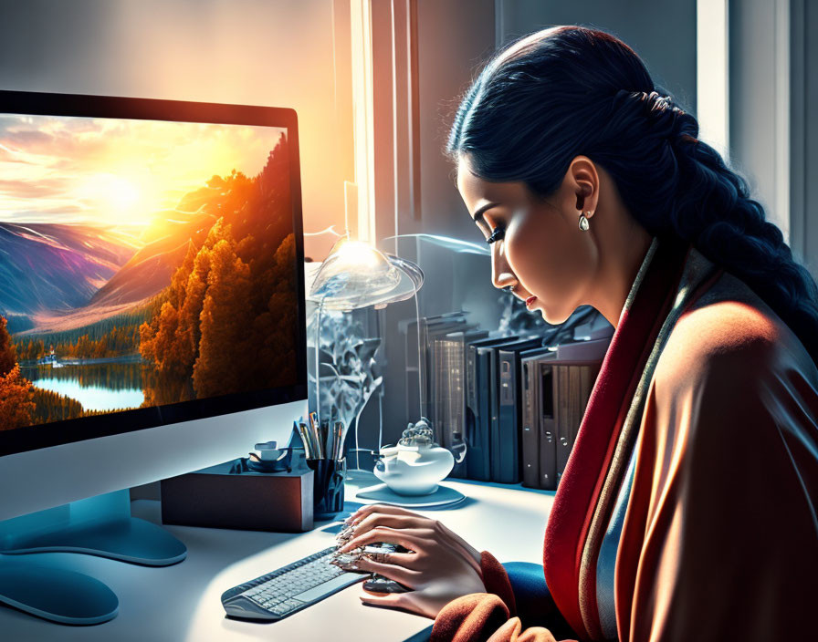 Woman working on computer in cozy room with scenic mountain wallpaper at dusk