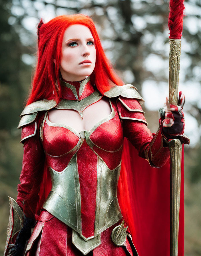 Red-haired woman in fantasy armor with staff against natural backdrop