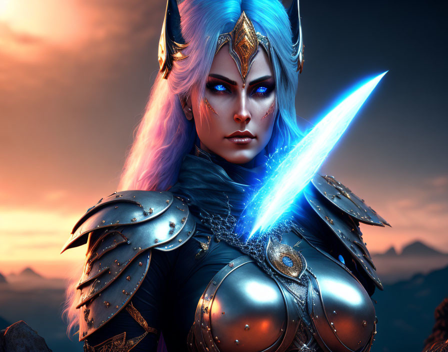 Blue-haired female warrior in ornate armor wields glowing sword at dusk