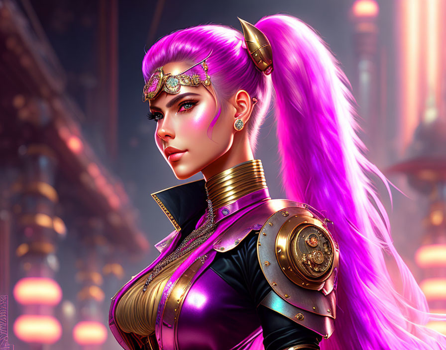 Vibrant purple-haired woman in gold armor against futuristic cityscape