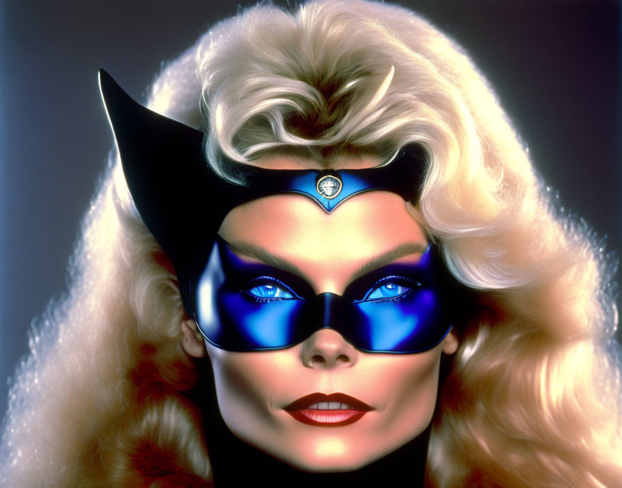 Blonde woman with blue eyes in black mask with wing-like extensions