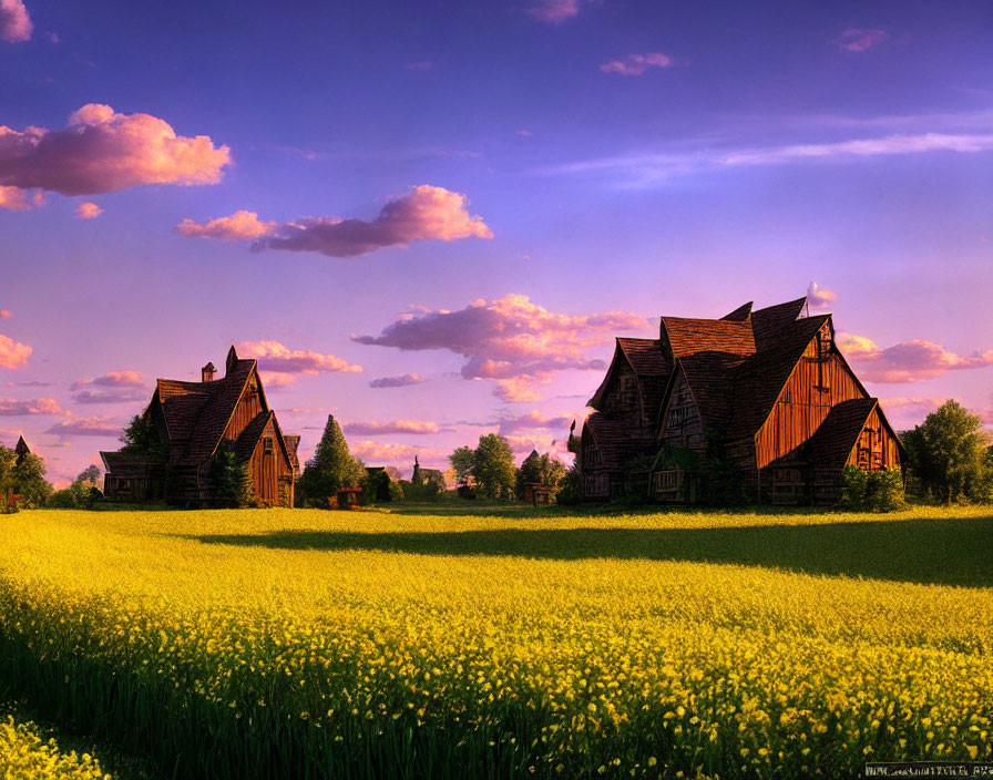 Rustic wooden houses in vibrant yellow field with clear sky at sunset