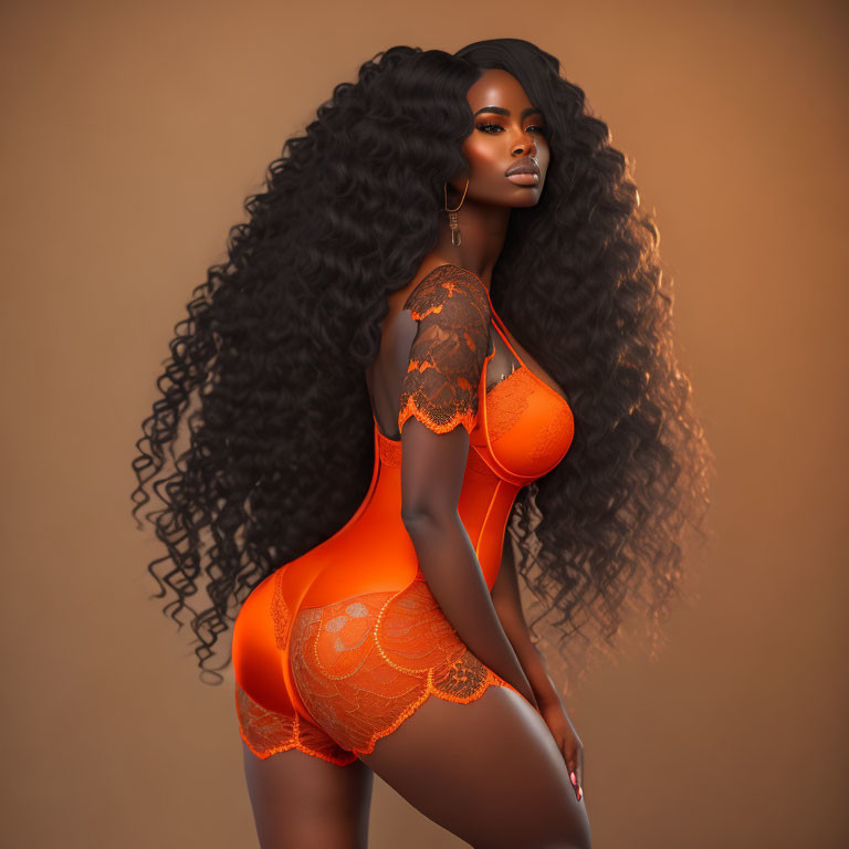 Curly-haired woman in orange lace bodysuit against warm backdrop