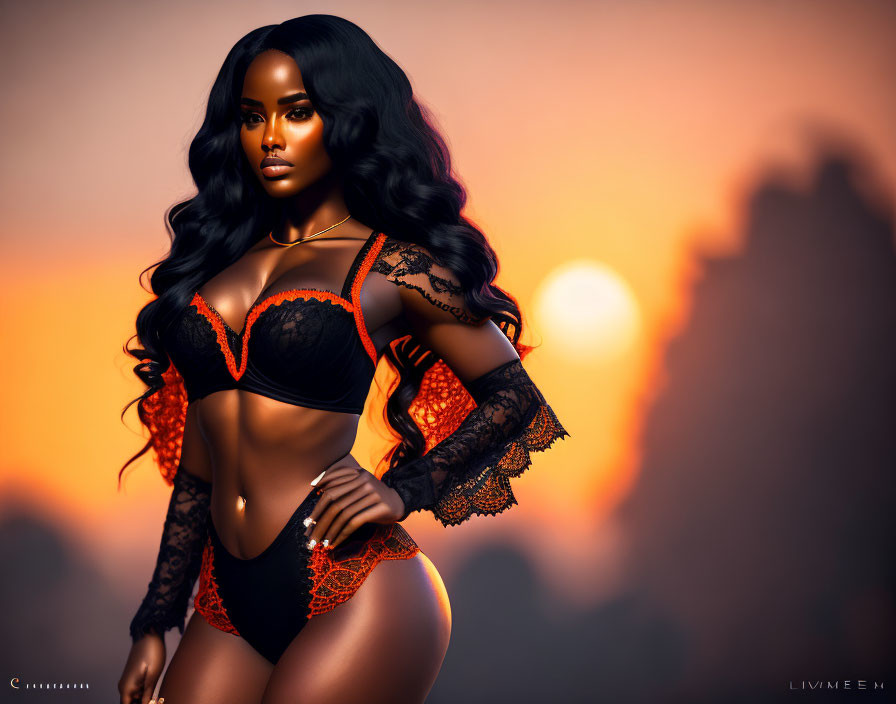 Stylized image: Woman in black and orange lingerie at sunset