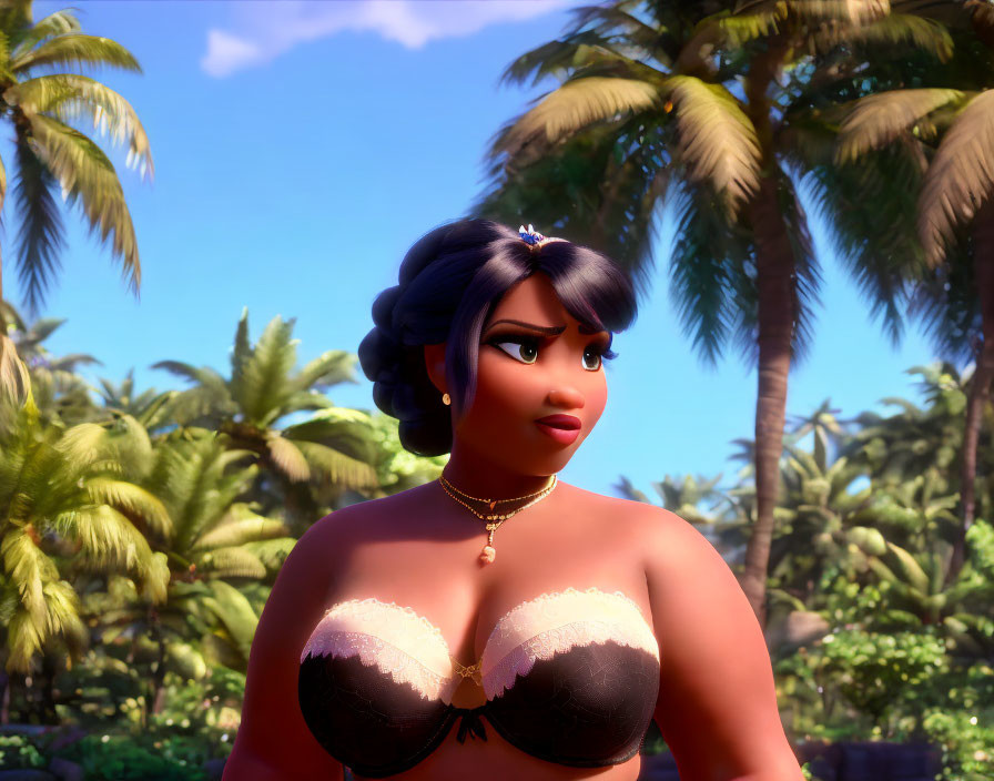 Animated character with dark hair in a tropical setting wearing a black bikini top.