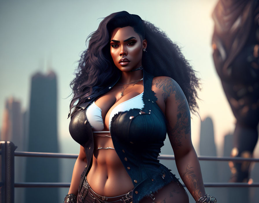 Illustration of woman with voluminous hair, tattoos, and bold outfit on city rooftop at dusk