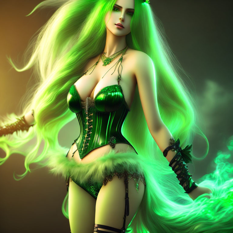 Fantasy-style digital art of woman with glowing green hair and dark corset