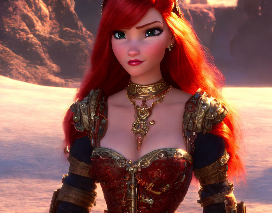 3D-animated female character in red hair and green eyes wearing ornate armor in desert landscape